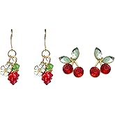 2 Pack Set Fruit Cherry Studs Strawberry Dangle Drop Earring for Women,18K Gold Plated Cubic Zirconia Funky Red Cherry Stud Earring Strawberry Jewelry for Women