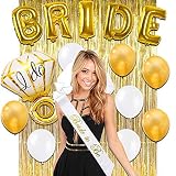 Bachelorette Party Decorations - Bridal Shower Kit | Bride to Be Sash, Veil + Ring Foil Balloon,Bride Foil Balloon,Set of 8 Latex Balloons 4 Pearly White & 4 Gold,Metallic Gold Curtains