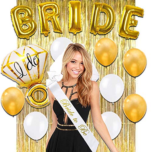 Bachelorette Party Decorations - Bridal Shower Kit | Bride to Be Sash, Veil + Ring Foil Balloon,Bride Foil Balloon,Set of 8 Latex Balloons 4 Pearly White & 4 Gold,Metallic Gold Curtains