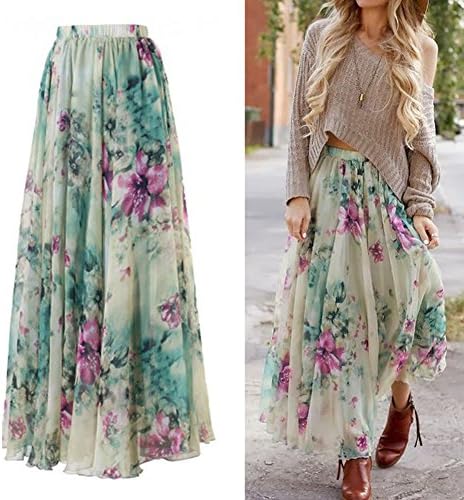 Tianzek Women's Boho Floral Print High Waist Full Length Pleated Chiffon Long Maxi Skirt