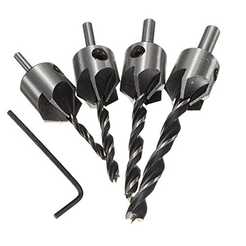 Yakamoz 4pcs HSS 5 Flute Countersink Drill Bits Set Screw Woodworking Chamfer Tool, 3-6mm