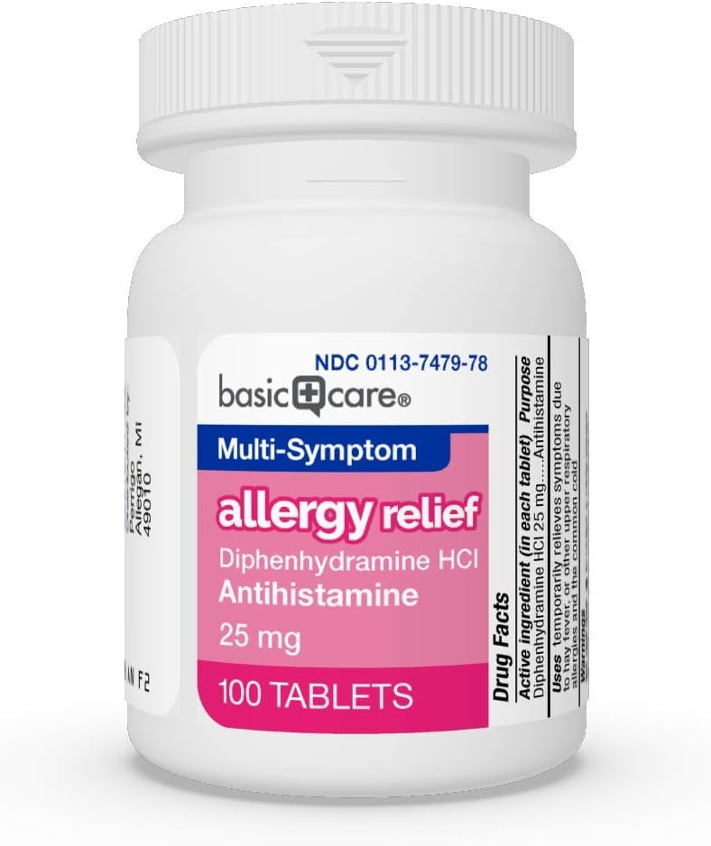  Basic Care Allergy Relief, Diphenhydramine HCl Tablets 25 mg, Antihistamine, 100 Count: Health & Personal Care