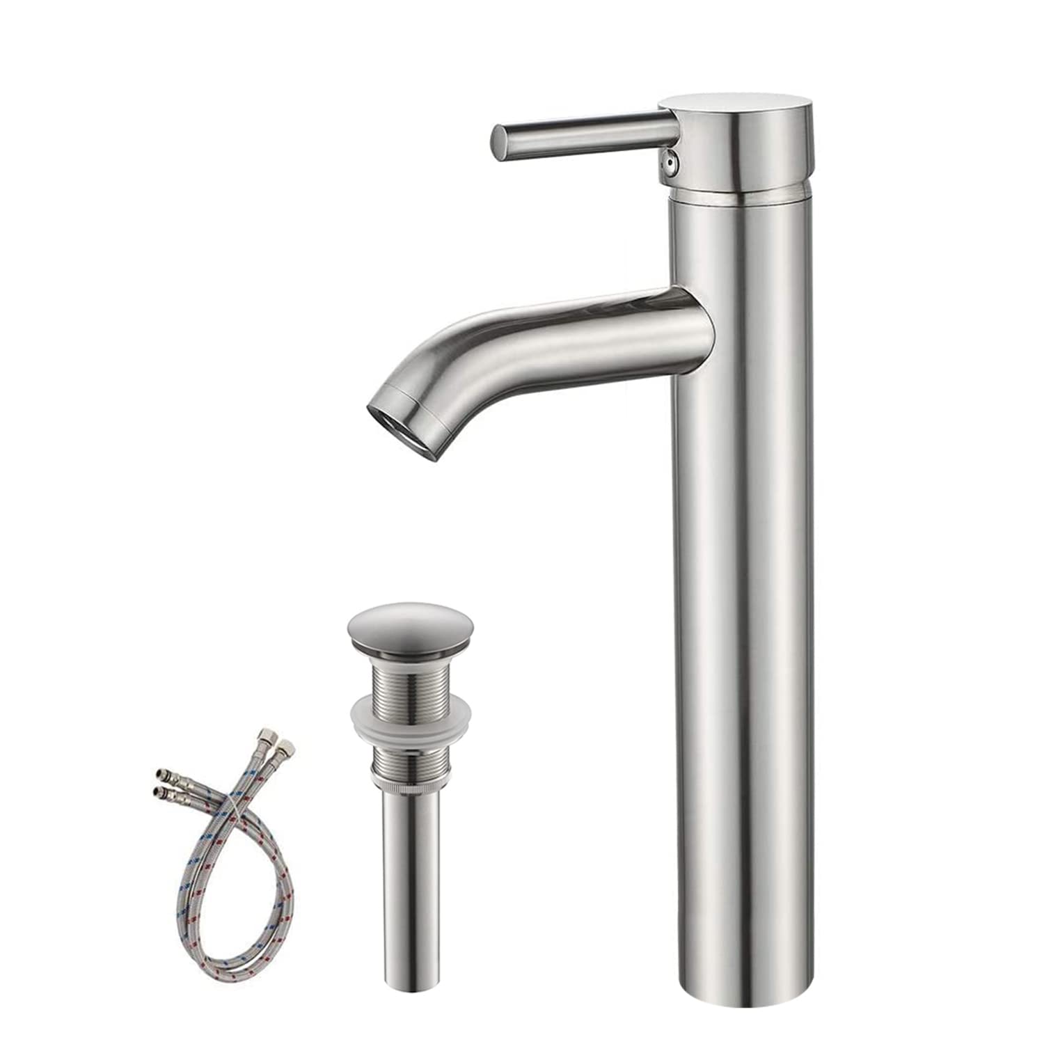 Photo 1 of Yodel Faucet Vessel Sink Faucet with Pop Up Drain Set - Tall Bathroom Vanity Sink Faucet Single Handle 1 Hole, Brushed Nickel