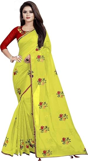 RAJESHWAR FASHION WITH RF Womens Chanderi Cotton Saree With Blouse Piece (PISTA GREEN CHANDERI EMB WORK_Navy Blue)