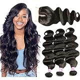Beauty Forever Hair 3 Bundles Brazilian Virgin Hair Body Wave Bundles with 4x4 Middle Part Lace Closure 100% Unprocessed Human Hair Weave Extensions Nature Color (20 22 24+16closure)