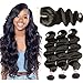 Beauty Forever Hair 3 Bundles Brazilian Virgin Hair Body Wave with 4x4 Middle Part Lace Closure, 100% Unprocessed Human Hair Weave Extensions Nature Color (10 12 14+10)