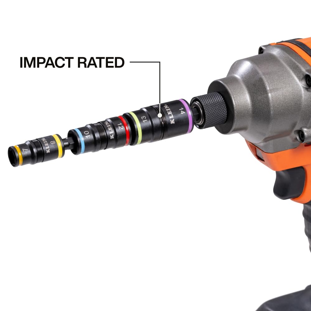 Klein Tools 32933M 6-in-1 Metric Impact Socket Set, 3 Flip Sockets with 7, 8, 10, 12, 13 and 14 mm Nut Driver Sizes, Impact Rated 5-Inch Shaft