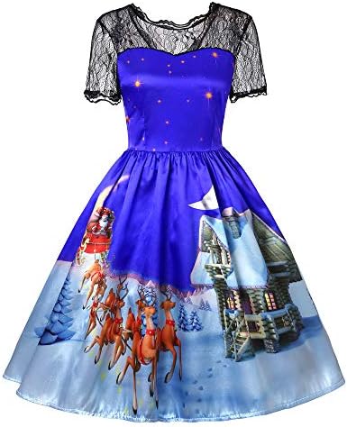 cureture❤️❤ Women's Christmas Evening Dress,Christmas Women Short Sleeve Lace Patchwork Printing Vintage Gown Party Dress