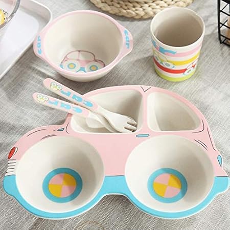 Instabuyz Bamboo Fiber Crockery 5pc Set with Spoon, Fork, Glass, Bowl & Plate for Kids