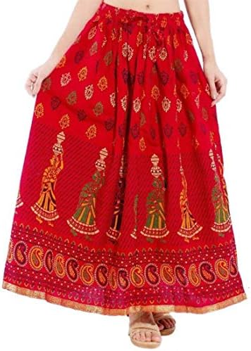 SHOP FRENZY Jaipuri Rajasthani Cotton Block Print Straight Long Skirt for Women Girls (Red)