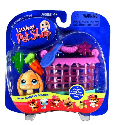Hasbro Year 2005 Littlest Pet Shop Portable Pets Series Collectible Bobble Head Pet Figure Set - Tan Flopped Ears Bunny Rabbit with Bunch of Carrots, ID Tags, Water Bottle and Cozy Cage Carrier (51237)
