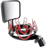 SUUNTOK Microphone Shock Mount with Pop Filter Universal Shock Stand for Microphones Size at 21-62mm Anti-Vibration Mic Holder Clip Compatible with AT2020 MXL 990 770 Rode NT1-A Neumann 103(Red)