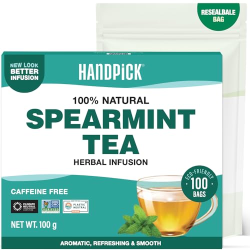 HANDPICK, Spearmint Tea (100 Herbal Tea Bags) Premium Spearmint Leaves, Caffeine Free | Non-GMO, Gluten Free | 100% Halal Certified | Round Eco-Conscious Tea Bags | Light & Fresh