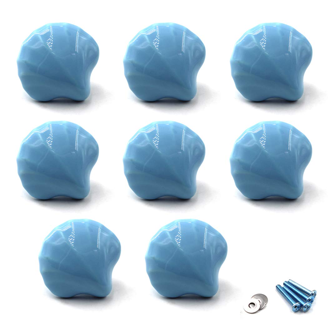 Flomore Blue Drawer Knob Ceramic Cabinet Knobs Kids Room Handle Pull Shell Shape for Dresser Drawers (Pack of 8 Screws Included)