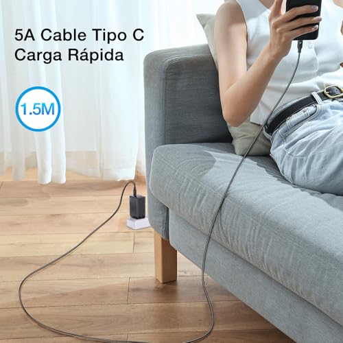 1 Hora 65W Cargador Tipo C GAN de 3 Puertos con Cable USB C 65W 2M, Cargador Carga Rapida USB C Plegable, Compatible con MacBook Pro/Air, IP 17 16 15 Pro MAX, Galaxy S23 S22, Google Pixel 7, iPad Pro