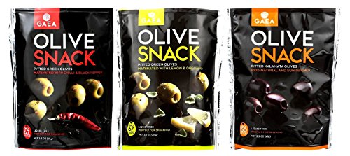 Gaea Non-GMO Pitted Olive Snacks 3 Flavor Variety Bundle, 1 each: Chili & Black Pepper, Lemon & Oregano, and Kalmata, 2.3 Ounces