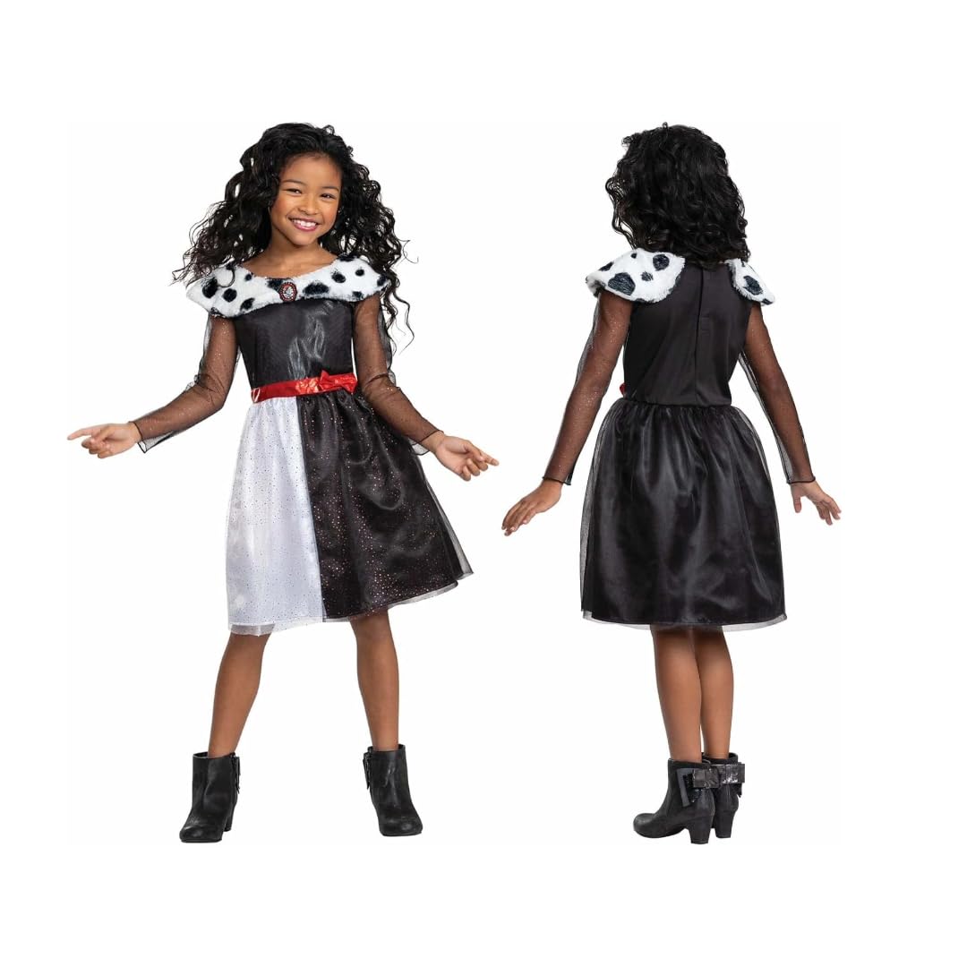 Disney 101 Dalmatians Cruella Fancy Dress for Kids, Official 101 Dalmatians by Disguise, Includes Sparkly Dress with Faux Fur Collar and Red Bow Belt, for Ages 3-4, 4-6 & 7-8 Years