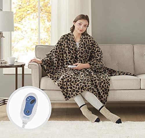 Comfort Spaces Plush to Sherpa Electric Blanket Shoulder and Neck Wrap with  Matched Sock Set Ultra Soft and Warm Hypoallergenic Fleece-Reversible Heated  Poncho Throw, 50 W x 64 L, Animal Print in