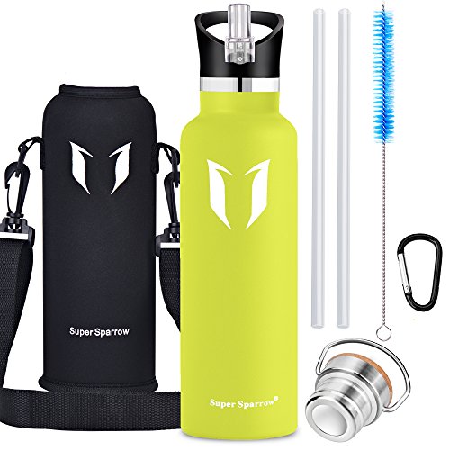Super Sparrow Stainless Steel Vacuum Insulated Water Bottle, Double Wall Design,Standard Mouth - 500ml & 750ml - BPA Free - with 2 Exchangeable Caps + Bottle Pouch (Lemon, 500ml-17oz) - Thumbnail 2