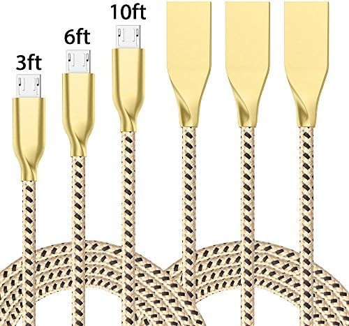 Firodo Micro USB Cable,3Pack 3FT 6FT 10FT Long Premium Nylon Braided High Speed USB to Micro USB Fast Charging Cord Android Charger for Samsung Galaxy S7/S6/S5/Edge,Note 5,HTC,LG(Black Gold)
