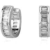 White Gold Plated 925 Sterling Silver Post Brilliant Cubic Zirconia Huggie Trendy Elegant Hypoallergenic Iced Cz Baguette Hoop Earrings For Men Women
