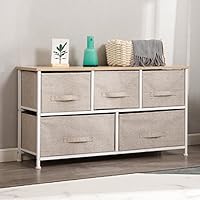 sogesfurniture Wide Dresser Storage Tower - Sturdy Steel Frame, Wood Top, Easy Pull Fabric Bins Metal Frame with Fabric Bin, Organizer Unit for Bedroom, 5 Drawers,Cream-White BHUS-106-BM