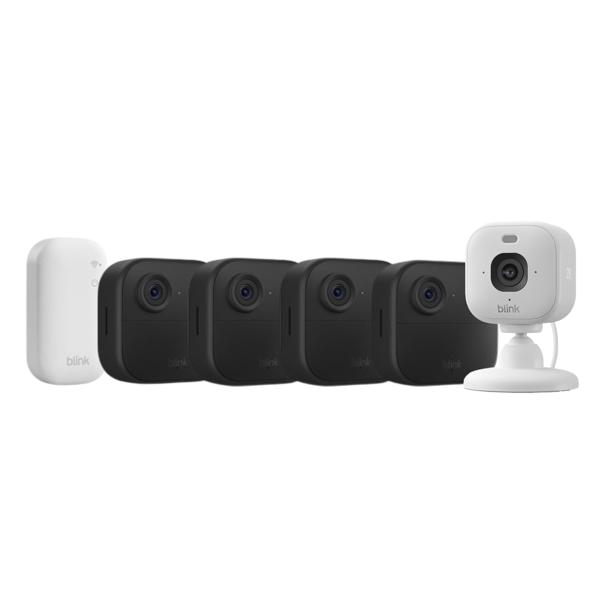 Blink Outdoor 4 + Cámara Mini 2K+ Blink Blanco (última generación) | cámara de seguridad inteligente HD sin cables, 2 años de autonomía| sistema de 4 cámara con Sync Module Core incluido