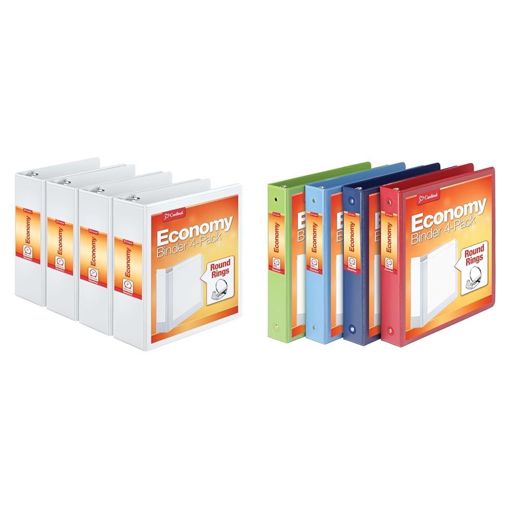 Cardinal Economy 3 Ring Binders Bundle, 3 Inch Holds 625 Sheets & 1.5 Inch Holds 350 Sheets, 4 Packs Each, Assorted Colors, Presentation View Image