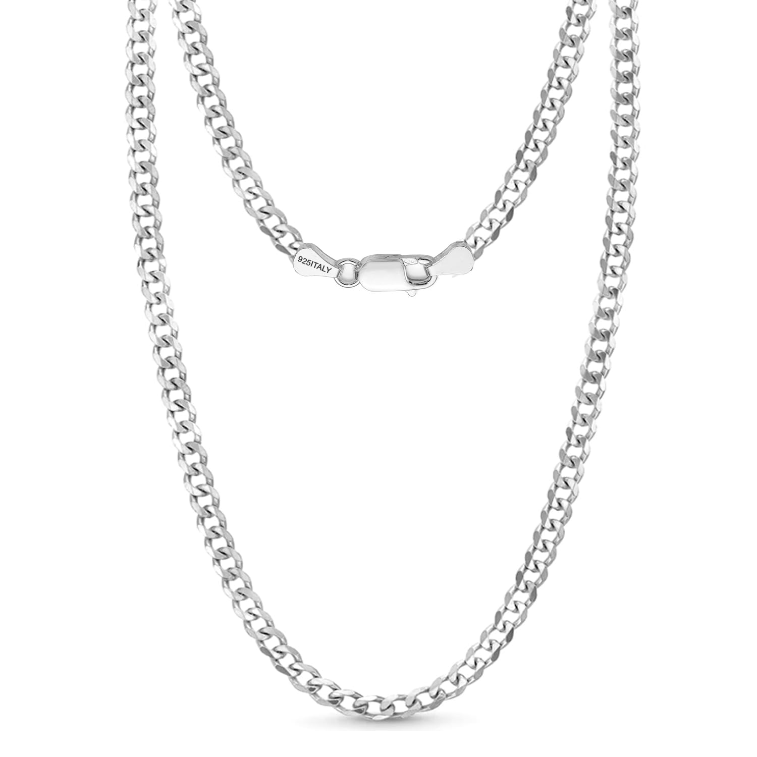 LeCalla Solid 925 Sterling Silver Italian 3.8mm Diamond Cut Cuban Link Curb Chain Necklace for Men and Women 24 Inches