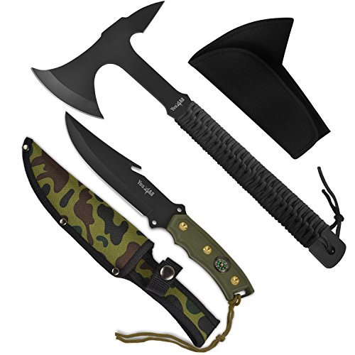 Yes4All Combo Outdoor Camping Hunting Axe and Knife Kit with Sheath â€“ Full Tang Hatchet Hammer â€“ Survival Camping Knife / Dagger (Black & Camouflage)