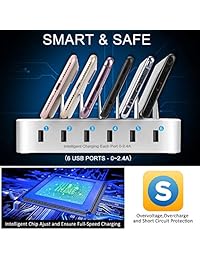 Estación de carga para varios dispositivos   6 puertos de carga inteligentes de acoplamiento organizador   Compatible con iPhone iPad y Android teléfono móvil y tableta (6 cables cortos incluidos)