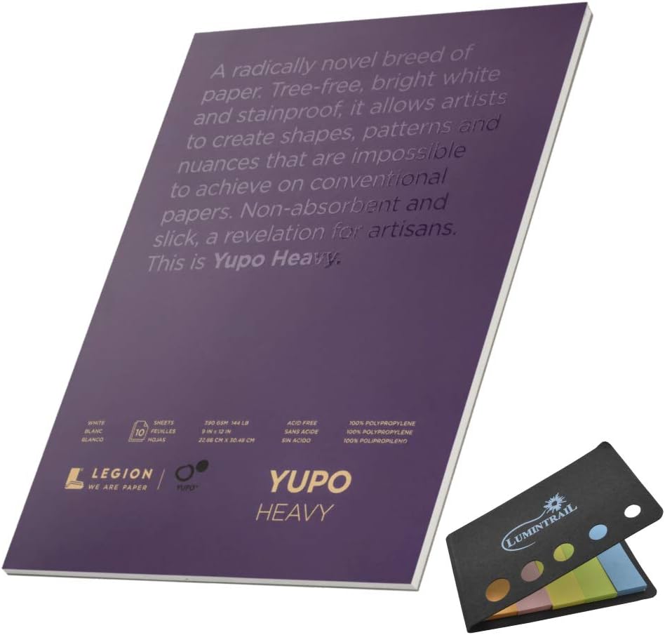 Yupo Heavy Paper 10 Sheets Pad 9 in x 12 in Bright White & Stainproof (L21-YUP389WH912) Bundle with a Lumintrail Colored Sticky Notes Set