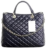 Italian Navy Blue Leather Large Top Handled Quilted Shoulder Bag Handbag, with Metal Chain and Leather, Strap Includes a Branded Protective Storage Bag