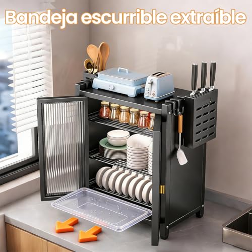 DNIDIO Organizador de Platos, 3 Niveles con Puerta, Trastero Escurridor, Antipolvo e Insectos, con Soporte para Cuchillo y Cubierto y 4 Ganchos, 60 CM(Negra)