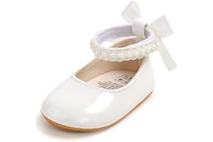 Sehfupoye Baby Mary Jane Shoes with Bow & Pearl, Leather Upper & Non-Slip Sole for Girls 0-18 Months