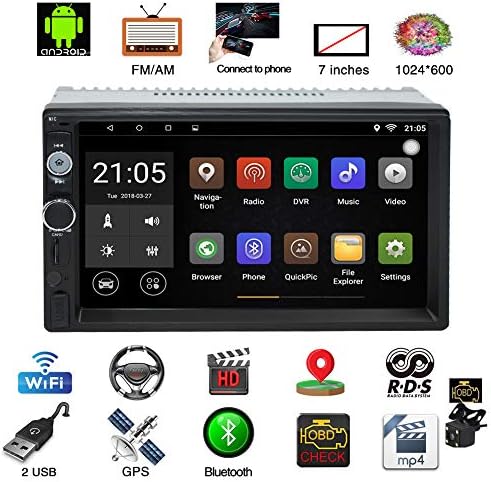 Parkomm 7 Inch Double Din Bluetooth Car Stereo with HD Touch Screen, Android 7.1 Car Stereo with GPS Navigation, Supports Mirrorlink/Bluetooth/BT/WIFI/AM/FM/USB Aux Input + Camera