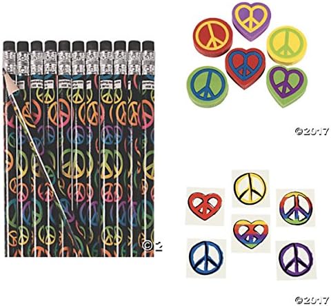 PEACE Sign PARTY Favors PENCILS Tattoos & Erasers - Sixties Seventies THEME - Hippie RETRO - Classroom GIVEAWAYS (120 Pieces)