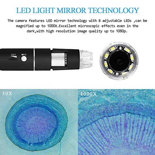 WiFi Microscope, VSATEN 50x to 1000x Wireless Digital Handheld Zoom Magnification Endoscope 1080P FHD 2.0 MP 8 LED Compatible with Android and iOS Smartphone or Tablet, Windows Mac PC Computer