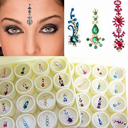 Photo 1 of **Only 6** IS4A Long Multicolored Crystal Bindis Tattoo Stickers Adhesive Body Jewelry Multi Size Forehead Indian Daily Use Bindi (Pack of 12 Bindis)