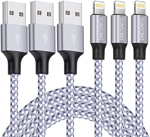 iPhone Charger, YUNSONG 3PACK (6FT) Nylon Braided Charging Cable Cord Lightning to USB Cable Charger Compatible with iPhone 8 8 Plus X 7 7Plus 6s 6sPlus 6 6Plus 5 5s 5c SE iPad iPod &amp; More (Silver)