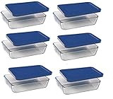 Pyrex 3-cup Rectangle Glass Food Storage Set Container Dark Blue Plastic Cover (Pack of 6 Containers)