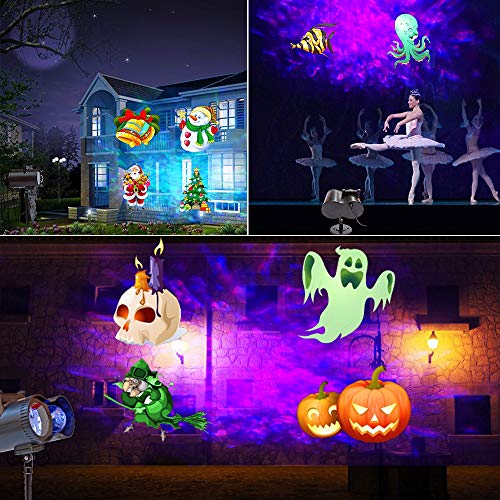Christmas Projector Lights, 2-in-1 Moving Patterns with Ocean Wave LED Landscape Lights Waterproof Outdoor Indoor Xmas Theme Party Yard Garden Decorations, 16 Slides 10 Colors