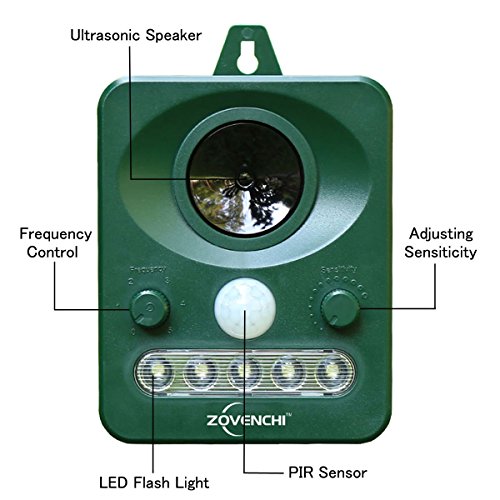 ZOVENCHI Solar Powered Ultrasonic Animal and Pests Repeller, Outdoor Weatherproof Repeller, Motion Activated with Flashing LED Light and Ultrasonic Sound (Harmless) to Repel Animal Away