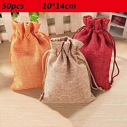 50 Pcs Natural Burlap Bags Jute Hessian Drawstring Sack Wedding Gift Jewelry Pouch Multi-Color 12