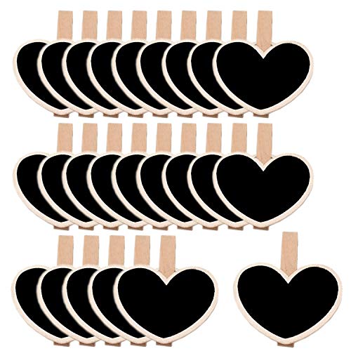 D-Worthy Pack of 24 Heart-Shape Wooden Mini Chalkboard Signs with Clip, Erasable Chalkboard Label Clips Message Memo Boards Clips - Thumbnail 4