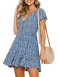 Vestido bohemio con estampado floral, con botones en la parte inferior, cuello en V, volantes, para playa, mini vestidos
