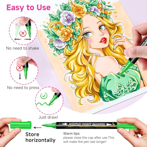 AHIKY 72 Colours Acrylic Markers, Double Ended Acrylic Markers with Fine Tip and Brush, Acrylic Paint Marker Permanent for Stones, Wood, Easter Eggs, Glass, Ceramic, Fabric
