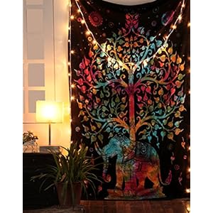 RAJRANG BRINGING RAJASTHAN TO YOU Tree of Life Wall Hanging – Elephant Tapestry Multi Decorative Black Hippie Mandala Boho Picnic Beach Sheet 213 x 137 cms