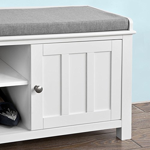 Haotian White Storage Bench with 2 Doors & Removable Seat Cushion, Shoe
