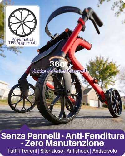 Kekoy Bariatrico Resistente Deambulatore per Anziani 4 Ruote, Pieghevole, 226 kg Portata, Sedile 50 cm Extra Largo, Ruote 25 cm Per Tutti I Terreni, Altezza Regolabile, Freni con Cavi Nascosti, Rosso